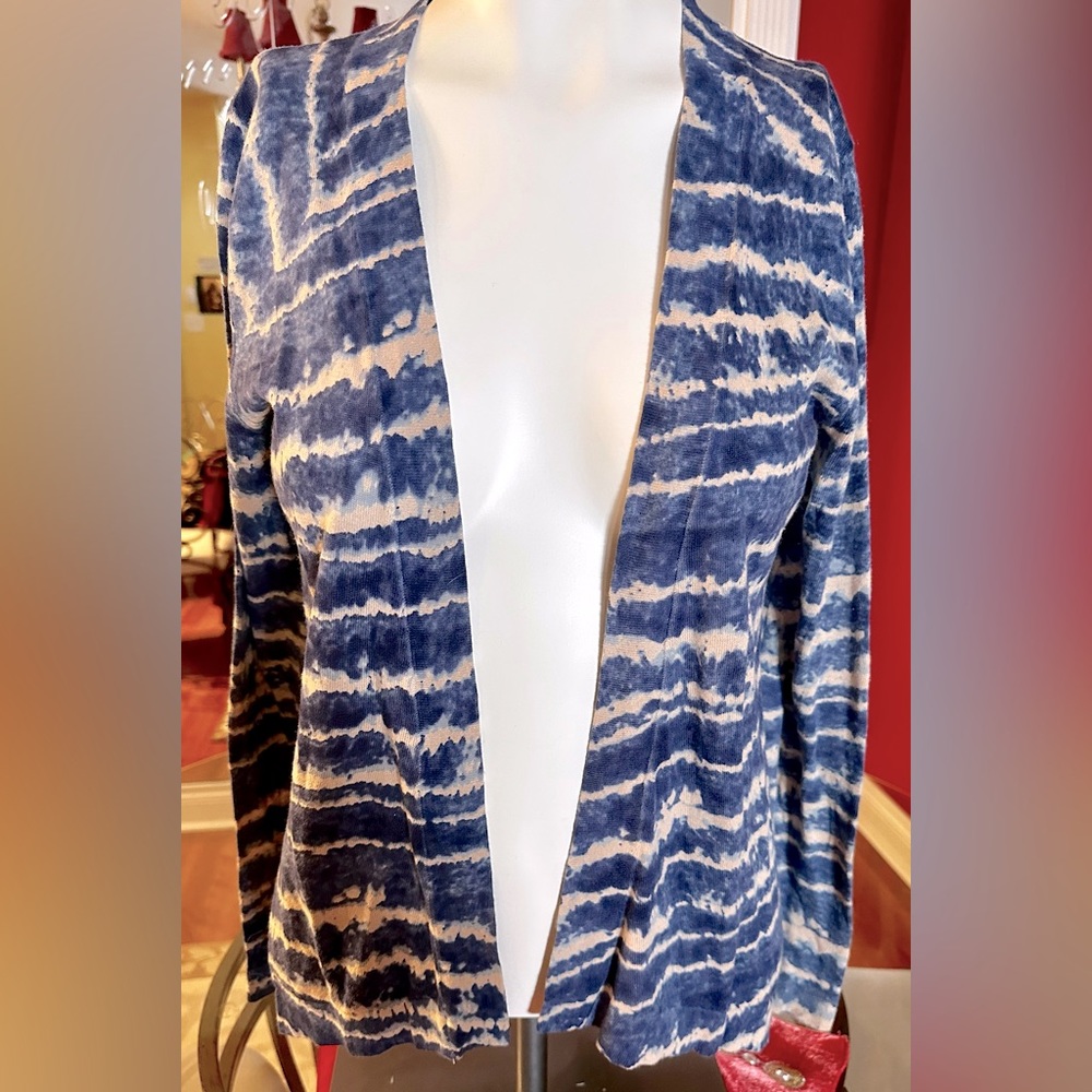 MAGNOLIA GRACE WOMEN’S OPEN FRONT BLUE AND BEIGE STRIPS CARDIGAN SIZE SMALL